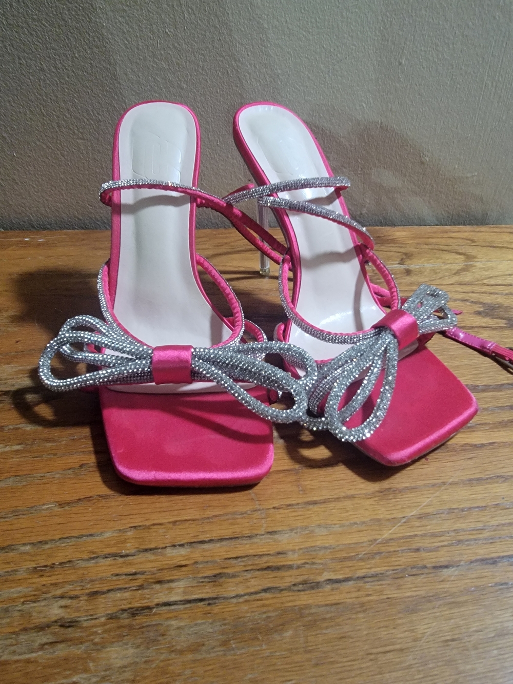 Pink Satin Strappy Heels with Rhinestone Bow